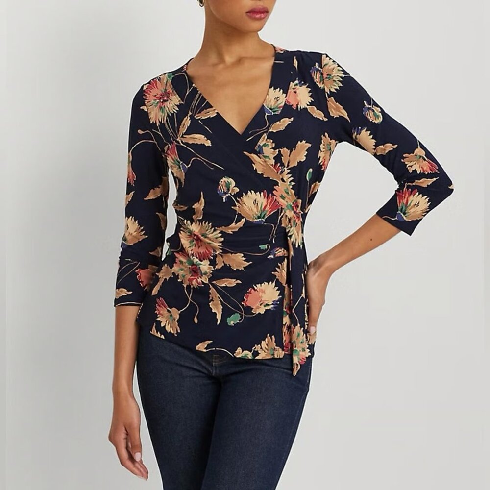 Lauren Ralph Lauren Floral Stretch Jersey Faux Wrap Navy Multi 2X